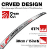 Close-up of an ARC-EDGE CRVED DESIGN saw blade for wood pruning, featuring 6 teeth per inch and a 38cm length.