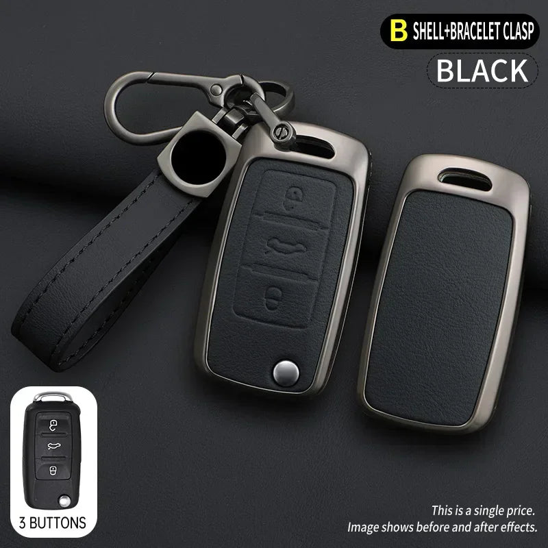 Black shell bracelet clasp key case cover for car models shown with a leather strap and a separate button view