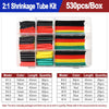 A box of heat shrink tubing kit showing various colors and lengths packaged for shrinking applications.