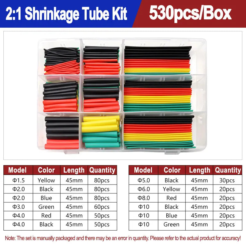 A box of heat shrink tubing kit showing various colors and lengths packaged for shrinking applications.