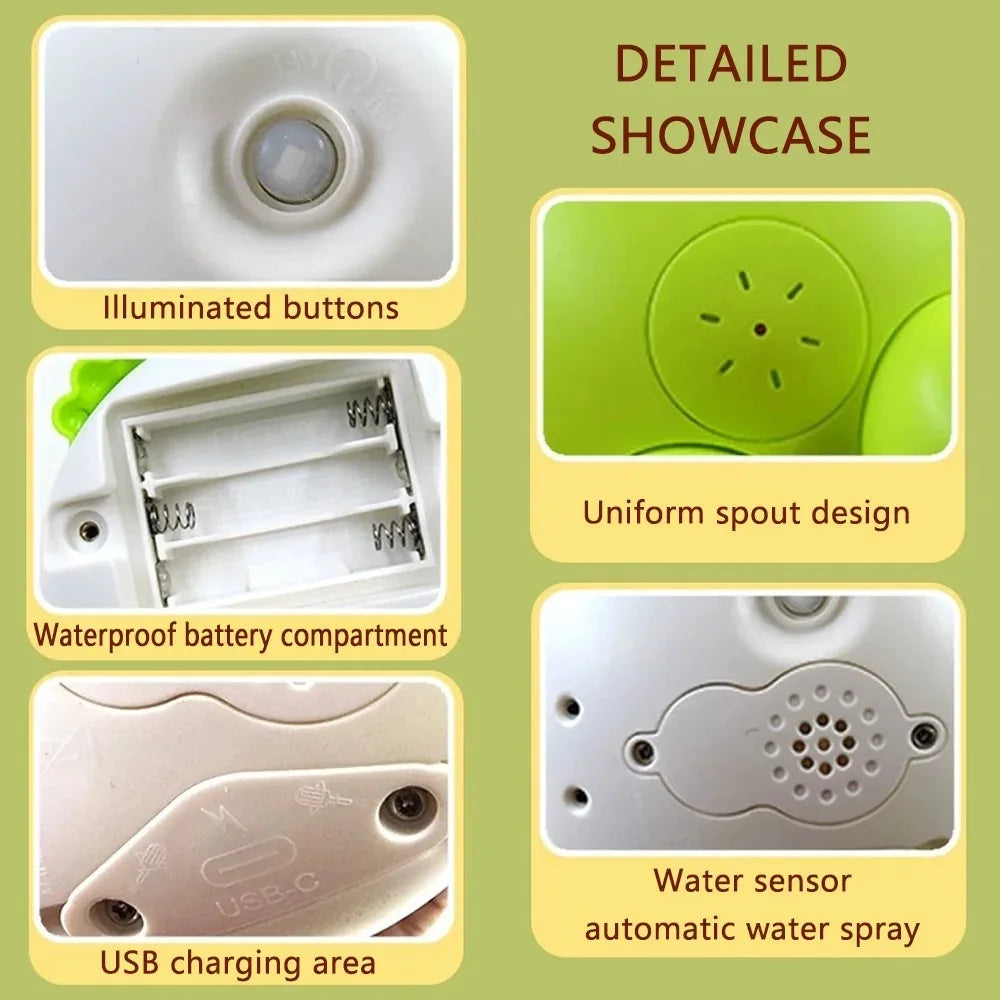 Detailed showcase of a smart sensor bath toy featuring illuminated buttons, waterproof battery compartment, USB charging area