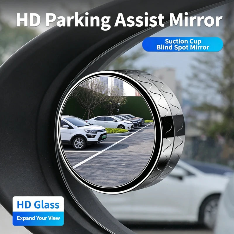 An HD Parking Assist Mirror with a suction cup blind spot design mounted on a car door.