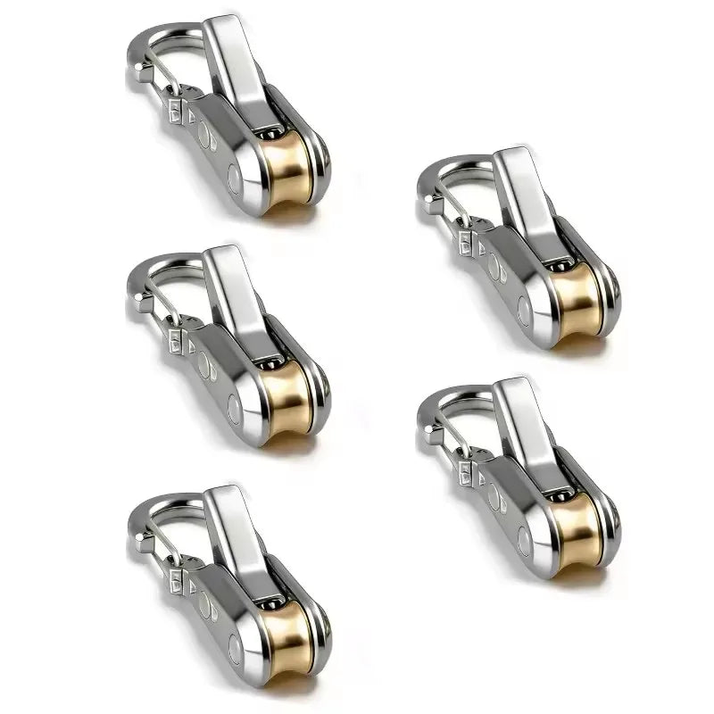 A set of four aluminum alloy tent rope tensioners with reflective cords shown in various angles.