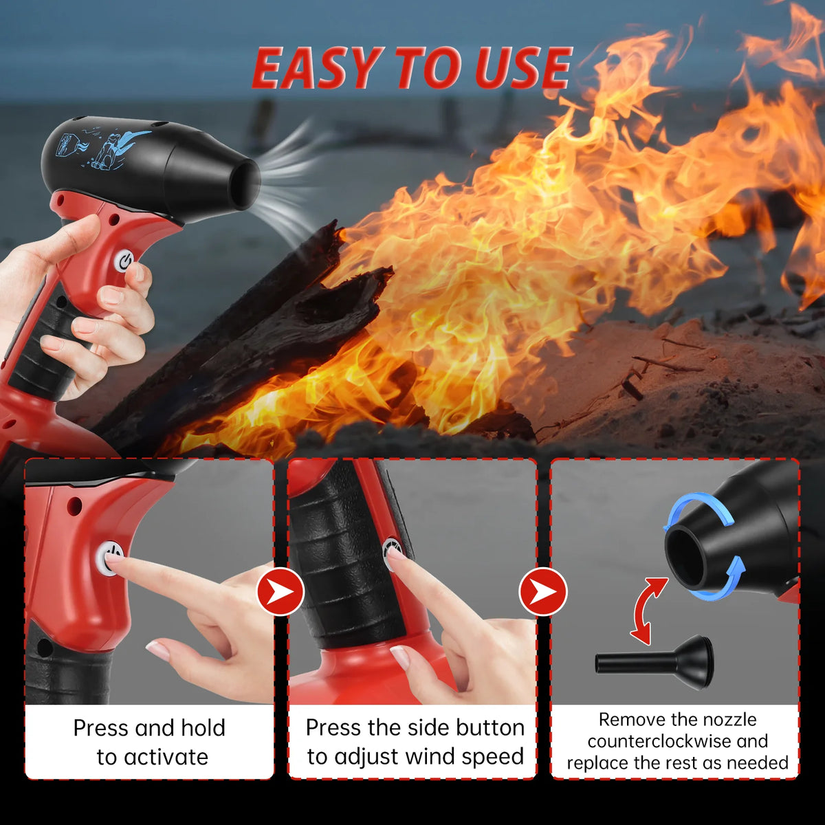 A hand is using a red cordless handheld jet blower to generate a strong stream of fire or smoke.