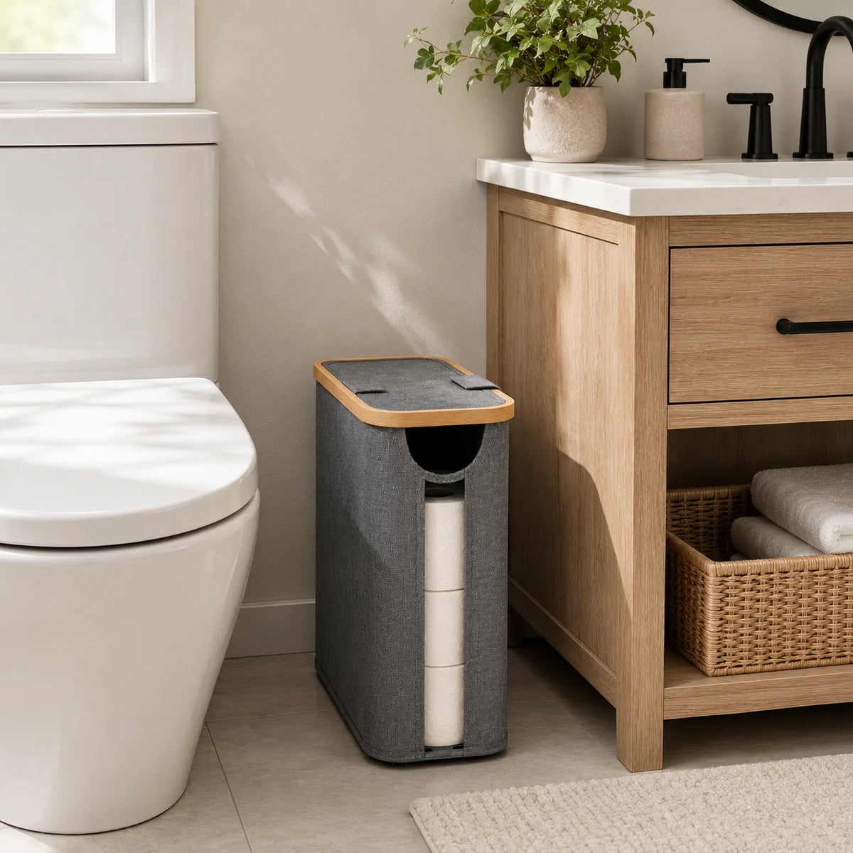 A gray bamboo-framed toilet paper storage basket with a lid sits next to a white toilet and wooden cabinet.
