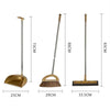 A set of a gold-colored broom and dustpan with a floor wiper, shown with various length measurements.