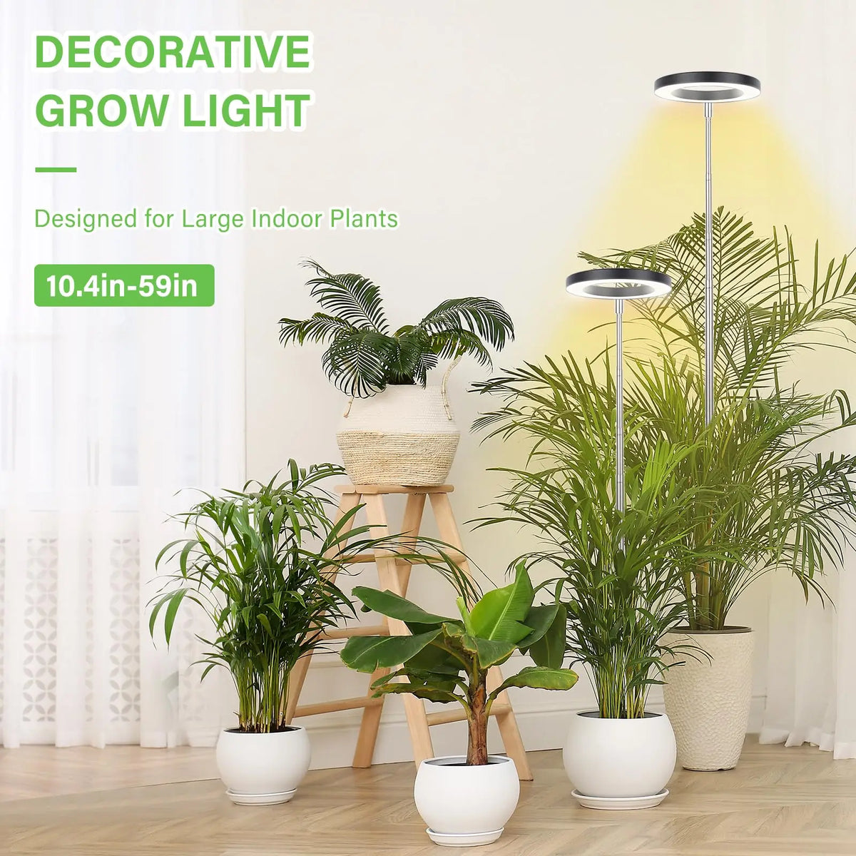 A decorative grow light with a tall stand illuminates large indoor plants in a bright room.