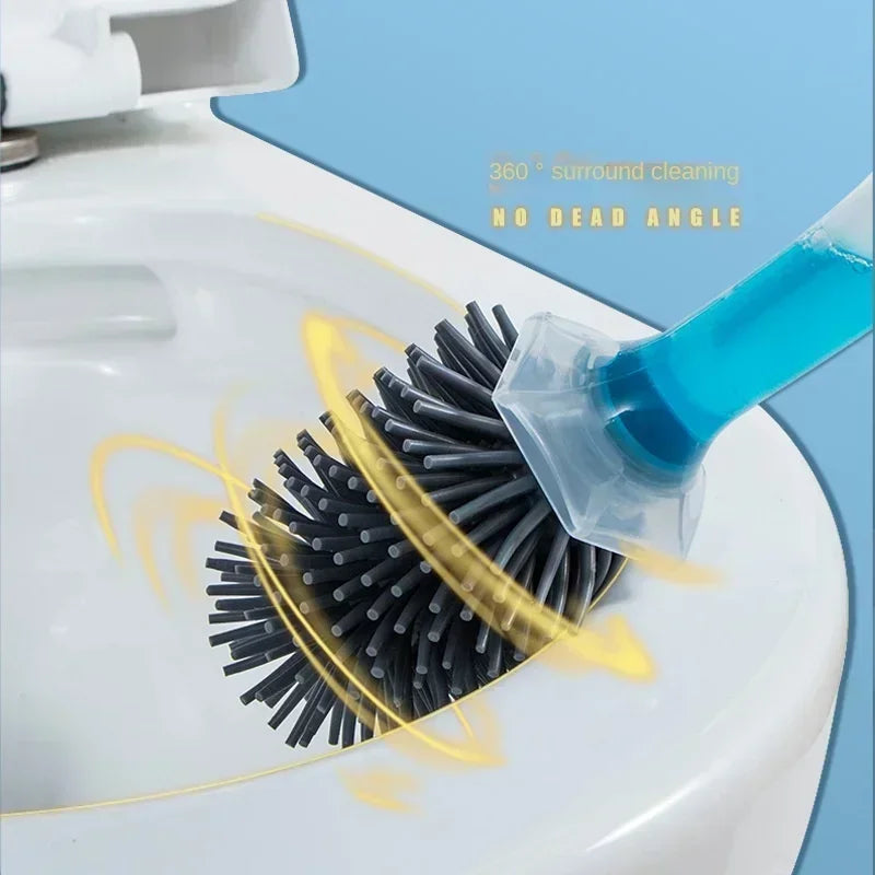 A blue refillable toilet brush is shown cleaning a white toilet bowl, demonstrating 360 surround cleaning.