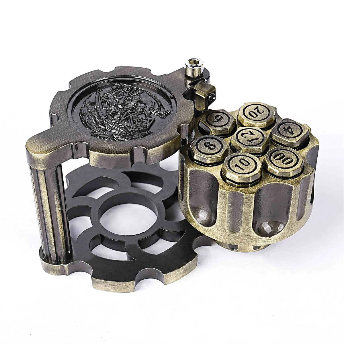 Golden Metal Revolver Dice Set for Tabletop RPGs