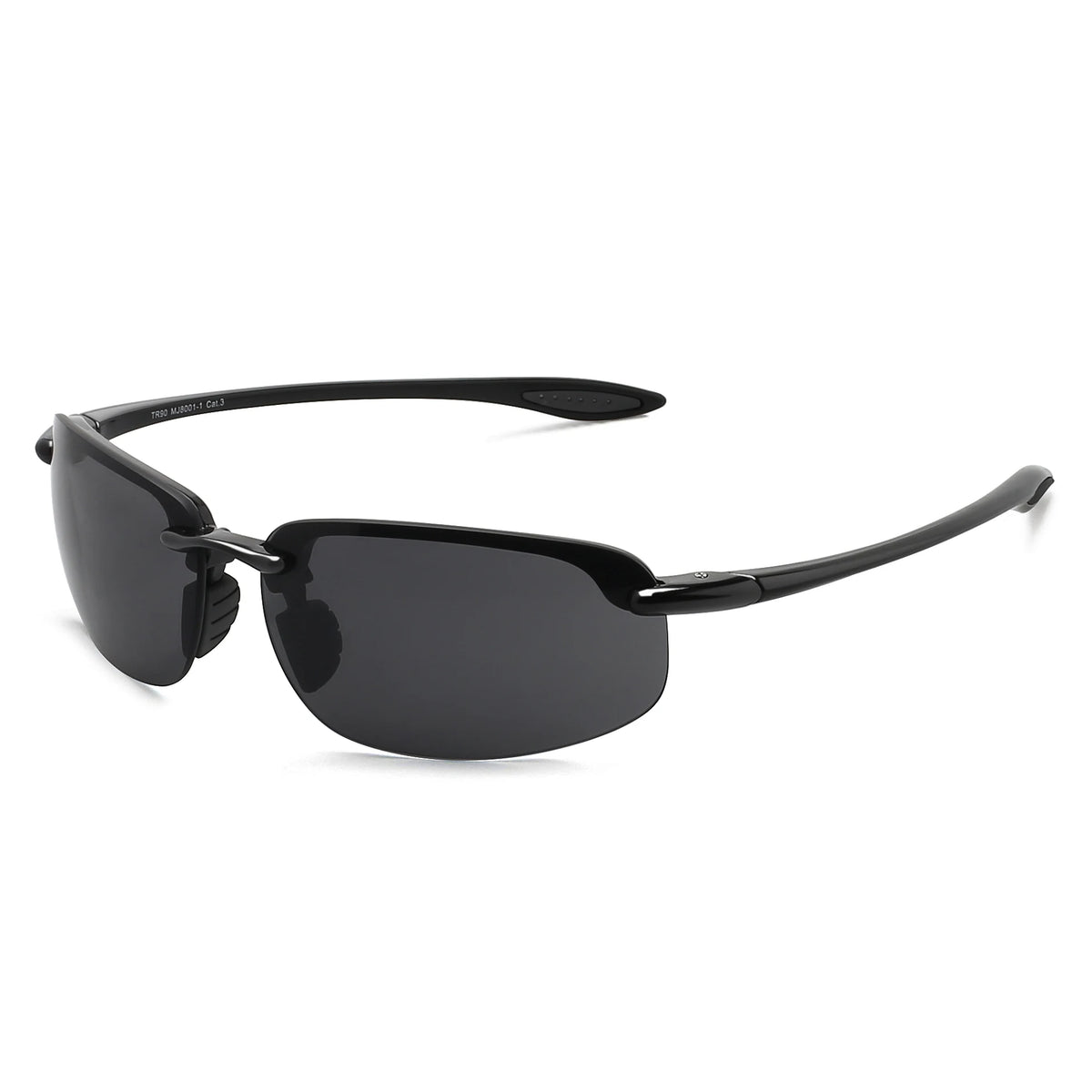 Rimless polarized sports sunglasses with a black TR90 frame shown against a white background.
