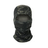 A camouflage patterned balaclava cap worn by a person.
