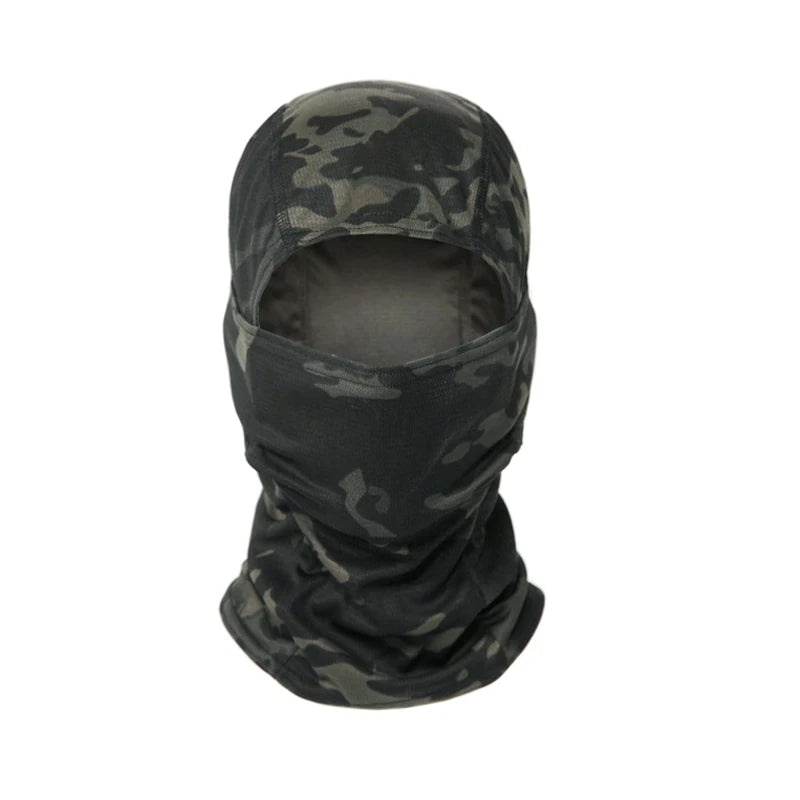 A camouflage patterned balaclava cap worn by a person.