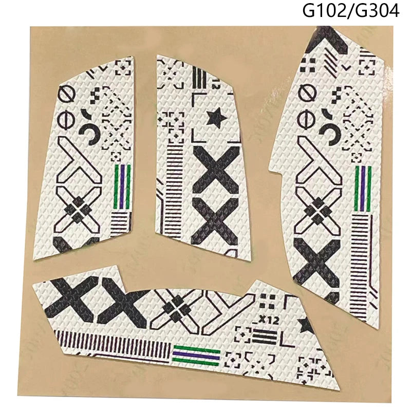A set of anti-slip mouse grip tapes featuring geometric patterns and colored stripes for enhanced control.