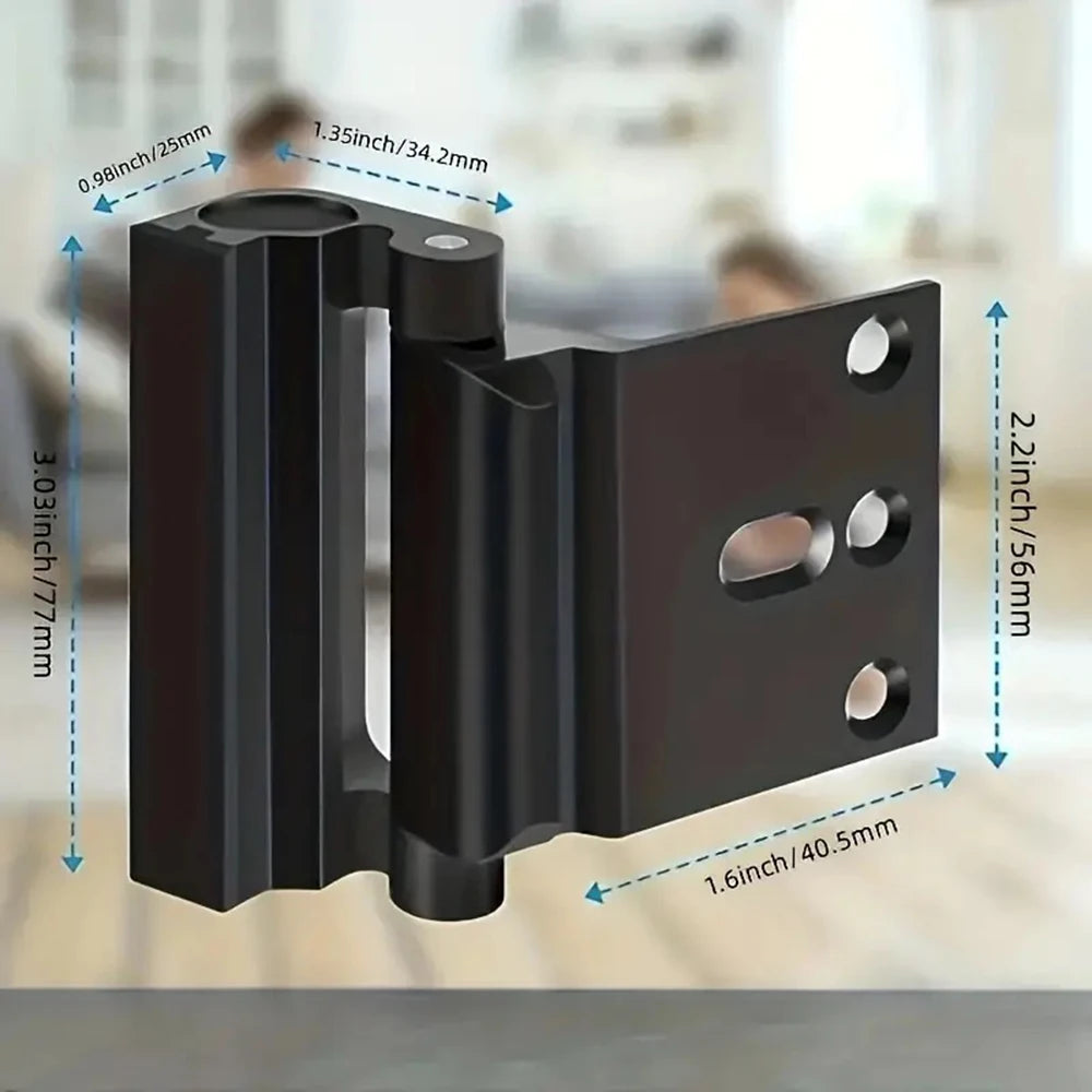A black heavy duty aluminum door lock with mounting plates and various dimension lines.