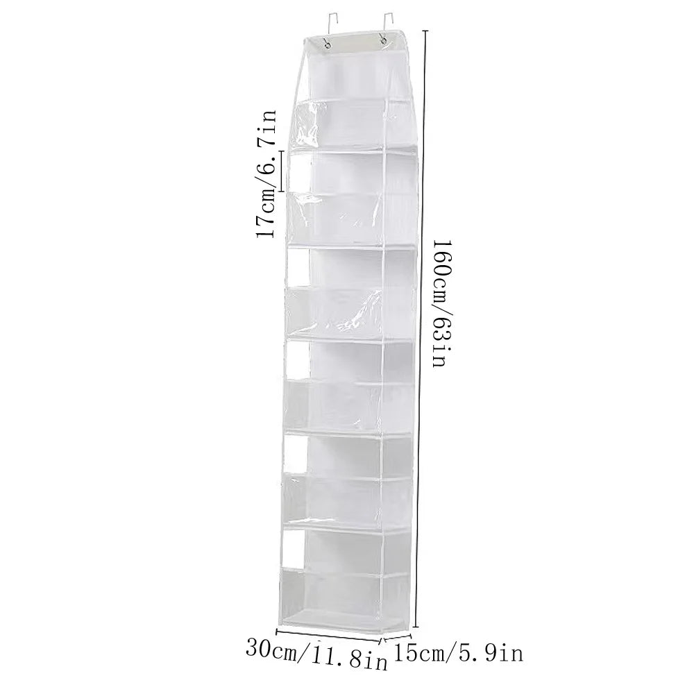 A tall, clear plastic over-the-door hanging organizer with multiple compartments.