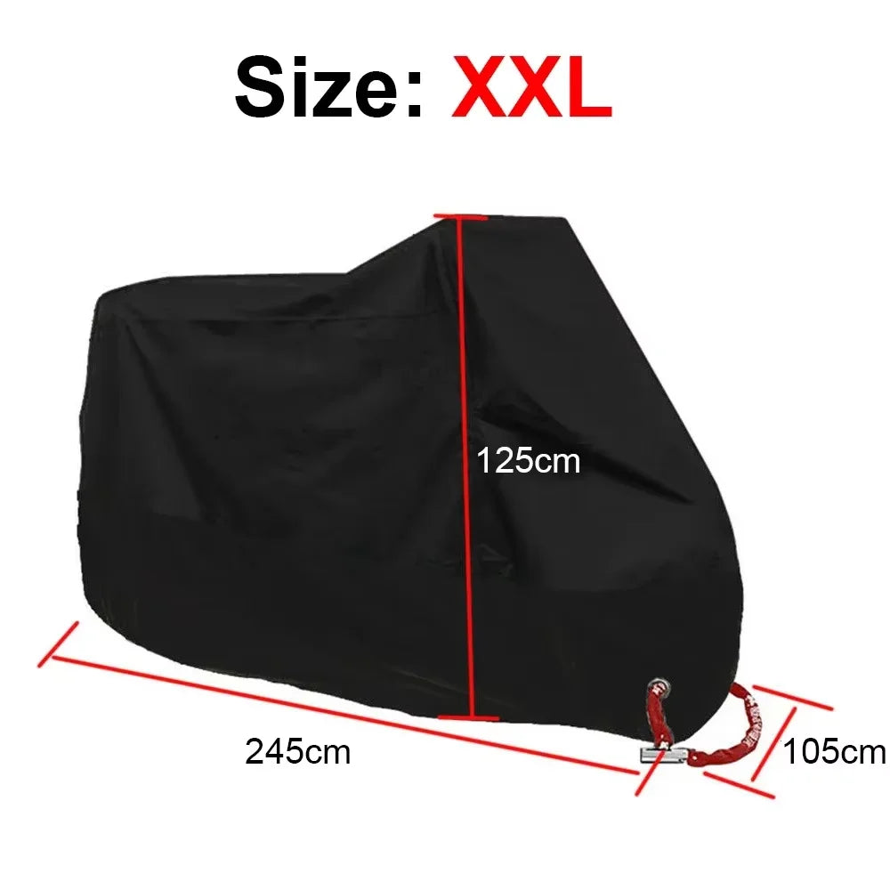 Black XXL all-weather motorcycle cover with anti-theft locks shown flat.