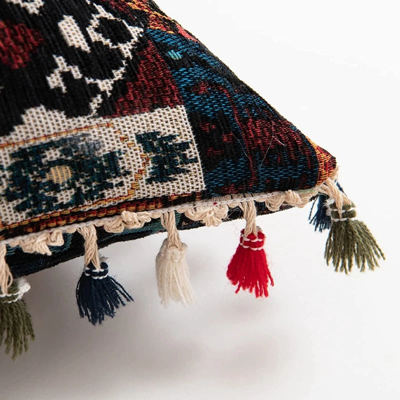 Boho Leaf-Print Tassel Throw Pillow Cover