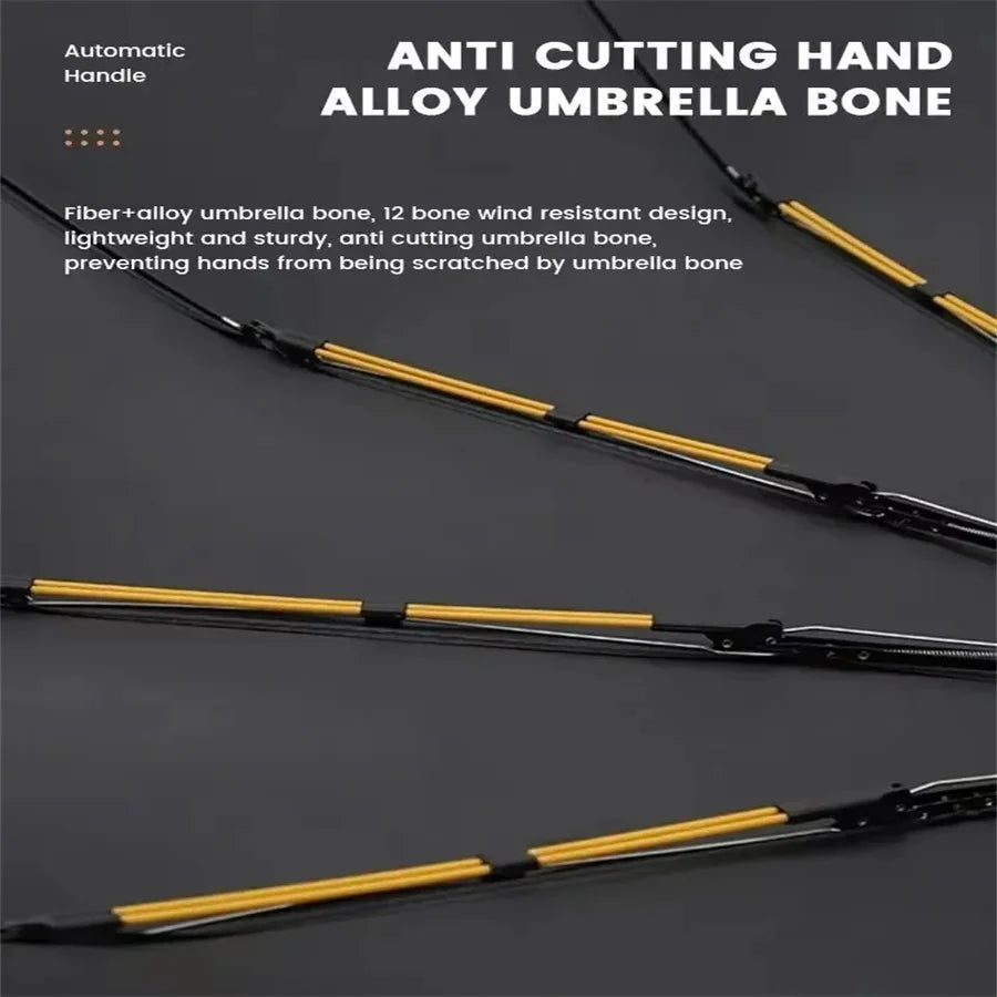 Close-up view of a black umbrella bone with yellow accents and an automatic handle.