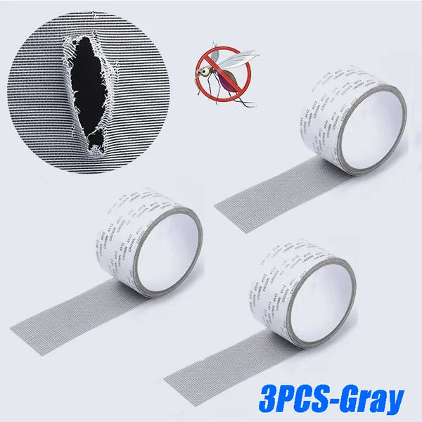 Three rolls of gray self-adhesive mosquito net repair tape and a small insect for scale.