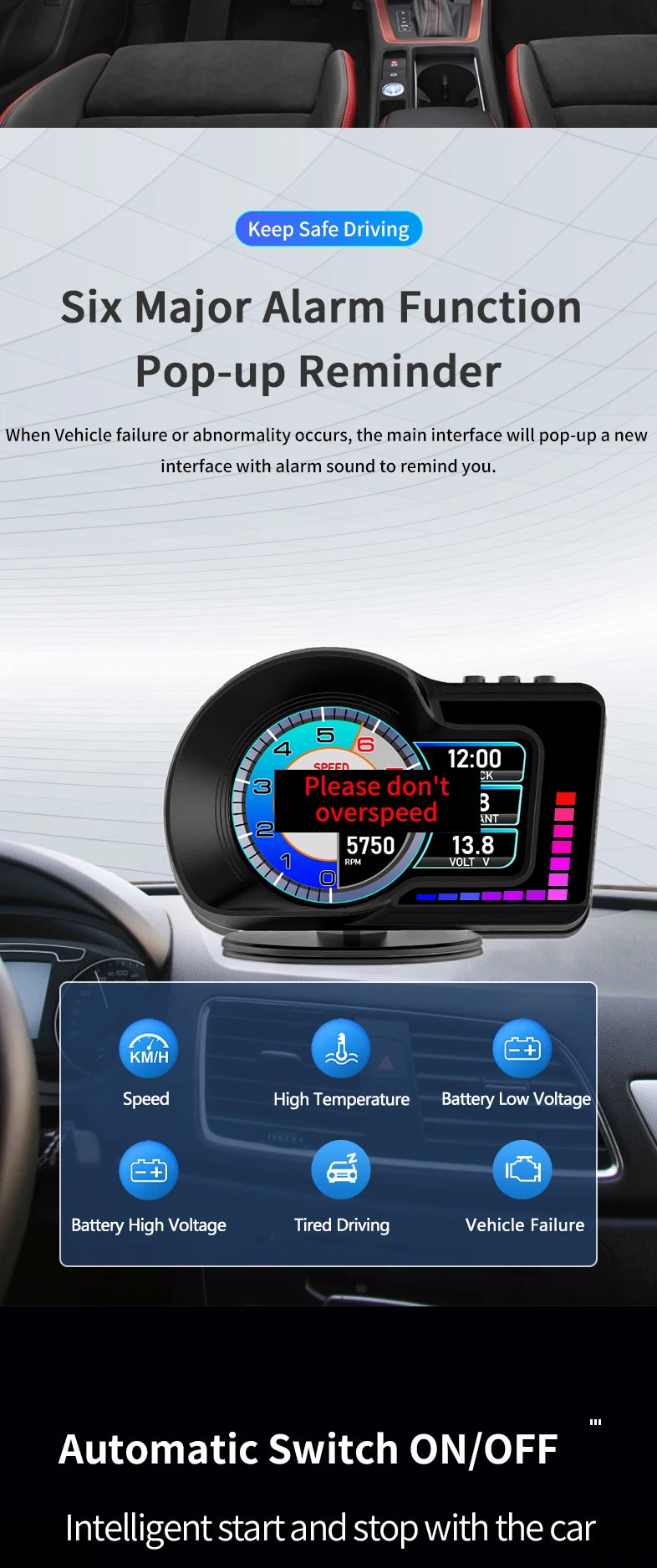 A dashboard display showing vehicle monitoring functions like speed, temperature, and battery voltage.