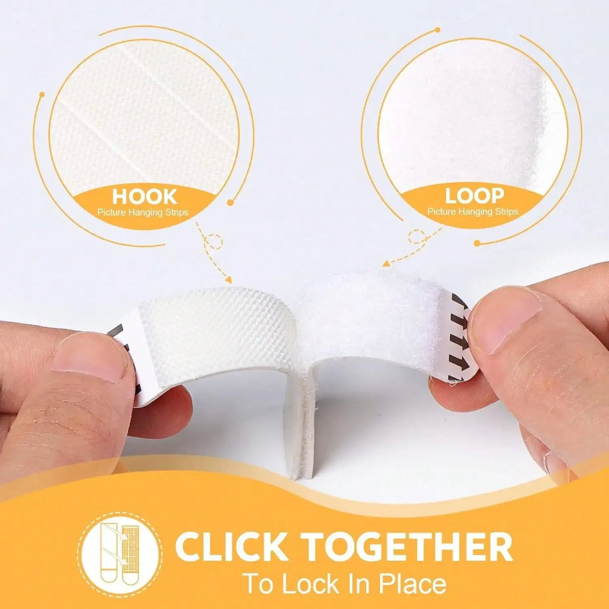 A hand demonstrates how to click together reusable double-sided adhesive strips for hanging strips, showing hook and loop fea
