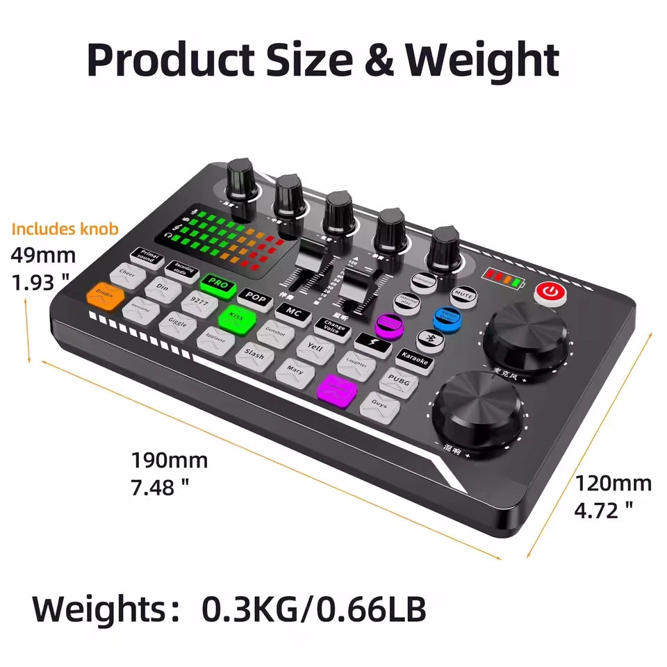 A black professional USB condenser microphone with various knobs and controls shown next to its dimensions and weight.