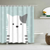 A white and gray cartoon pet shower curtain featuring a cat face with whiskers and large eyes.