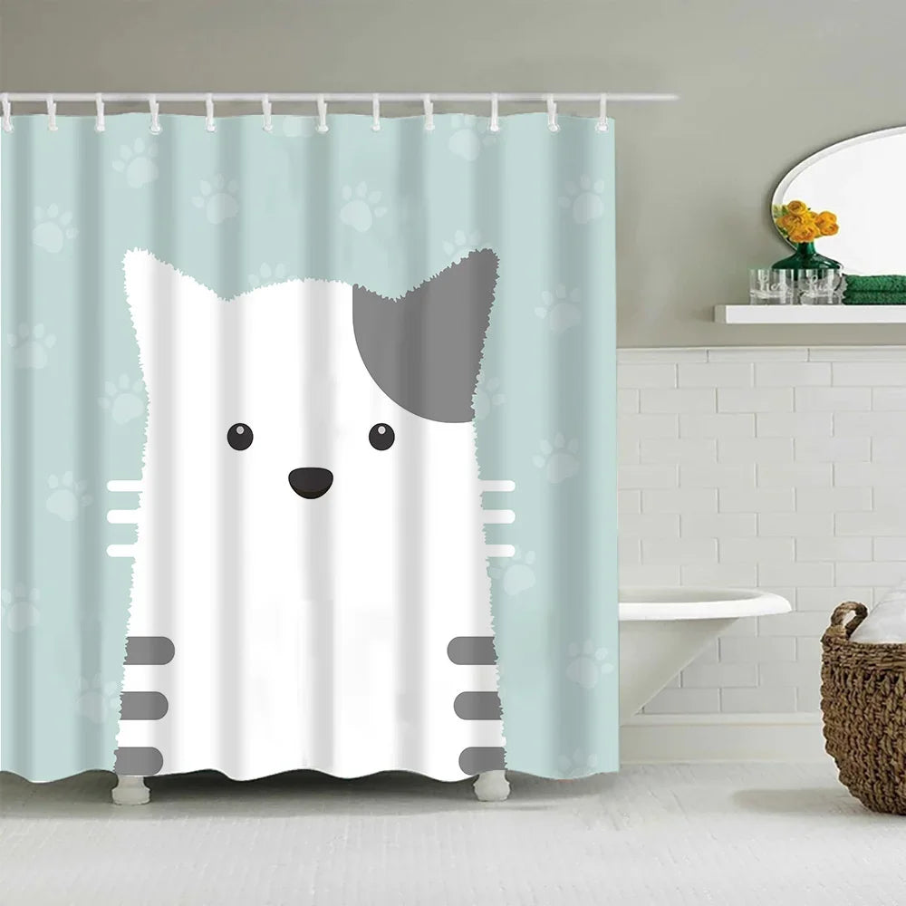 A white and gray cartoon pet shower curtain featuring a cat face with whiskers and large eyes.