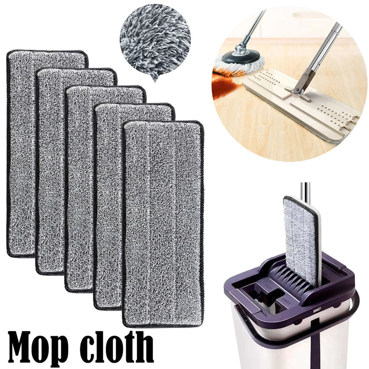 A set of three gray microfiber mop cloth pads and a cleaning tool are shown for mopping.