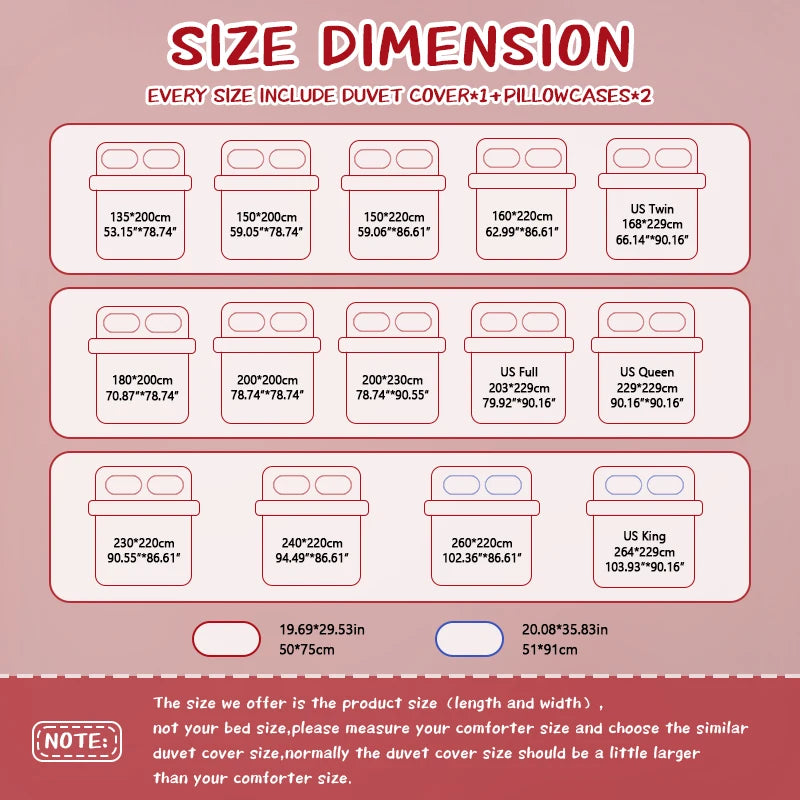 Size dimension chart showing various duvet cover and pillowcase sizes with corresponding measurements.