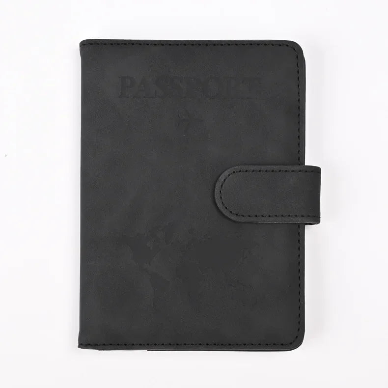 A black leather passport holder with a card slot and a flap, featuring the word PASSPORT embossed on the cover.