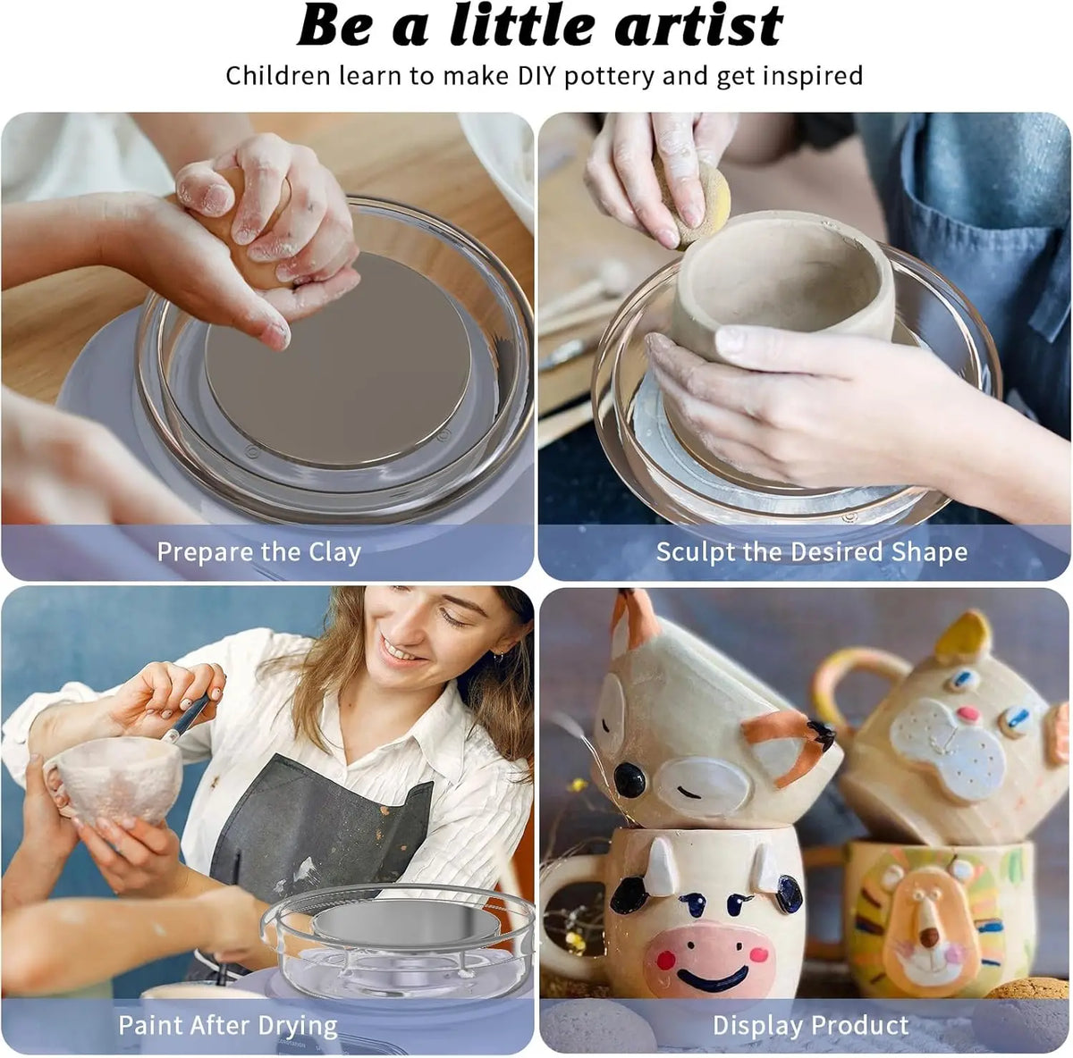 A set of tools and clay used to sculpt and paint pottery for children, resulting in finished ceramic pieces.