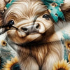 Close-up portrait of a Highland cow with light brown fur and a teal leopard print bow.