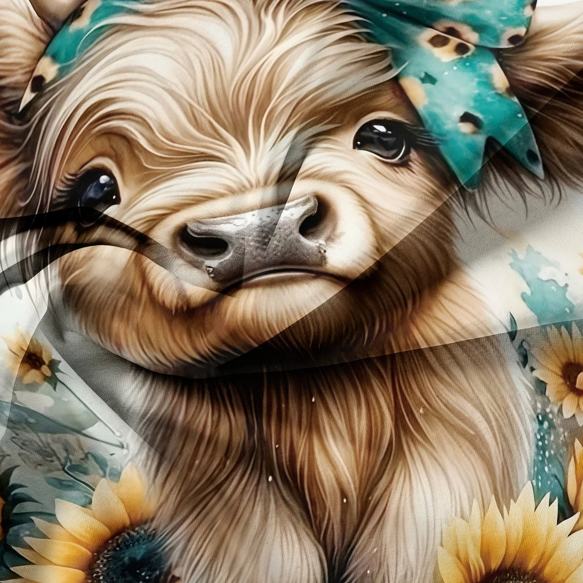 Close-up portrait of a Highland cow with light brown fur and a teal leopard print bow.