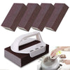 A heavy-duty, dark brown emery sponge is shown alongside a white silicone pot scrubber tool.