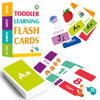 A set of colorful toddler learning flashcards featuring letters, numbers, shapes, and words like Apple, Jellyfish, and Eight.