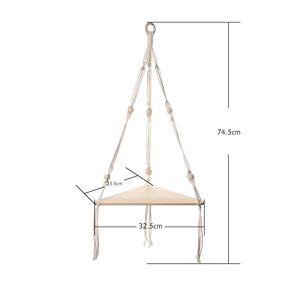 Triangle Wood Floating Wall Shelf with Macrame Rope