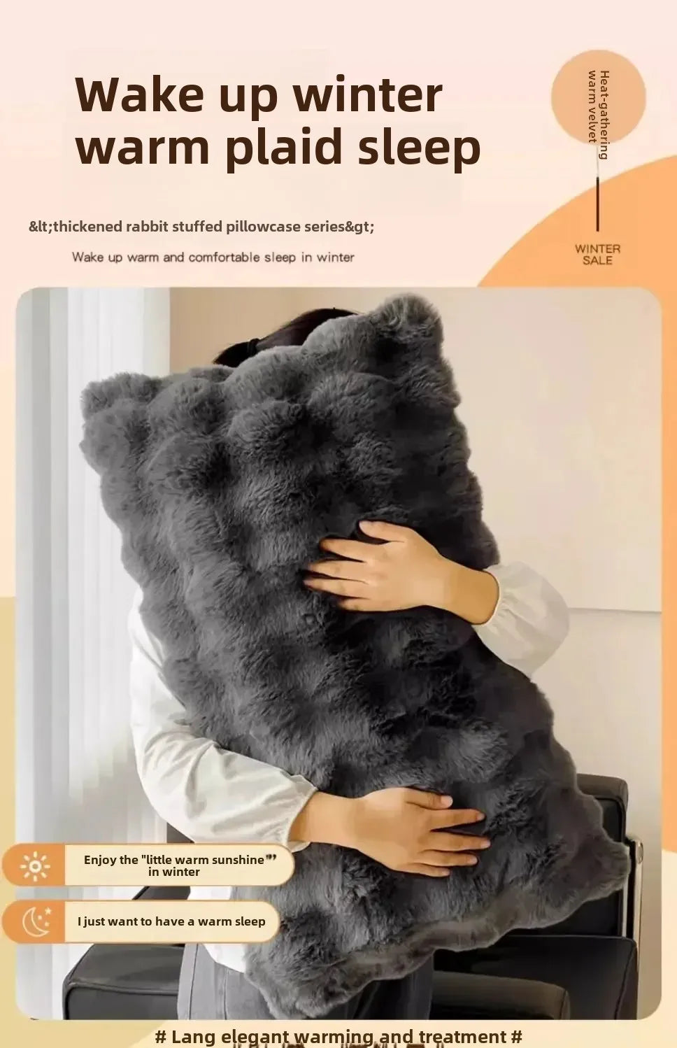 A person is hugging a fluffy gray rabbit stuffed pillowcase designed for winter warmth.
