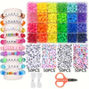 A set of pony beads and letter beads in various colors and shapes for crafting bracelets, including a pair of pliers.