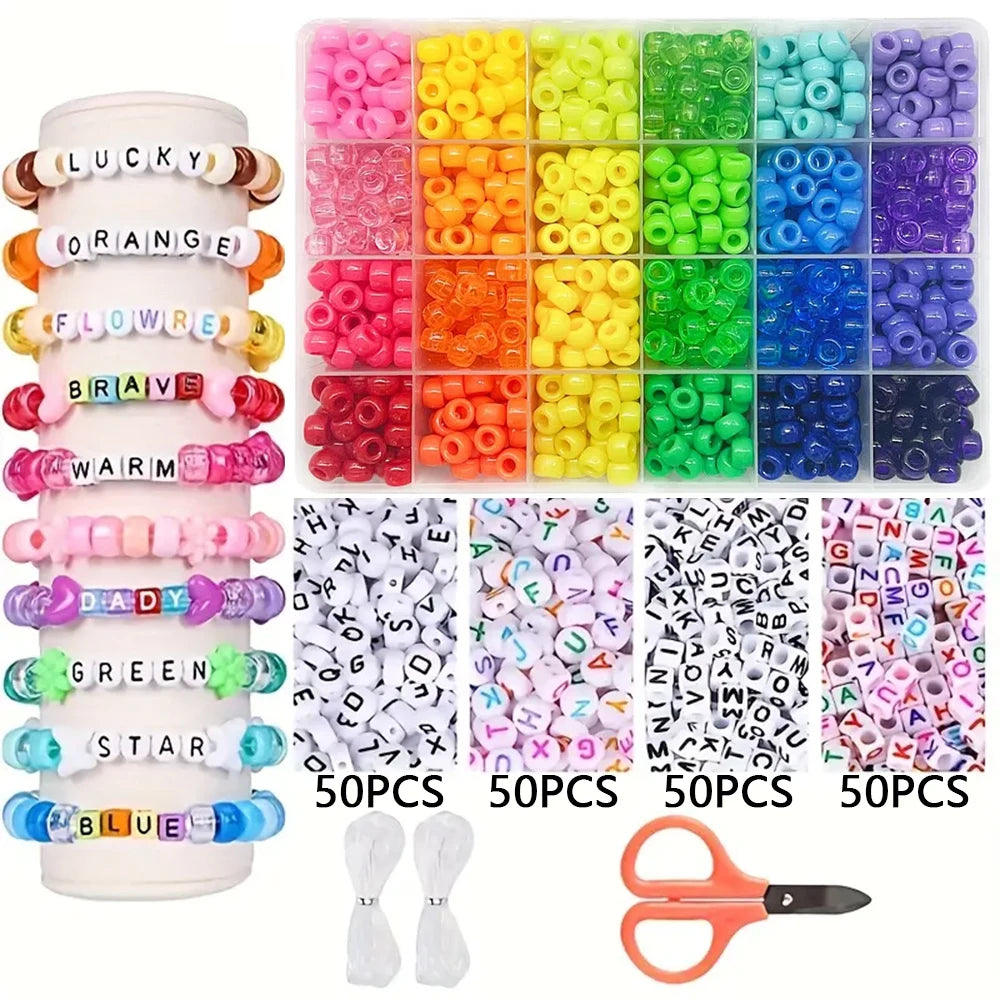 A set of pony beads and letter beads in various colors and shapes for crafting bracelets, including a pair of pliers.