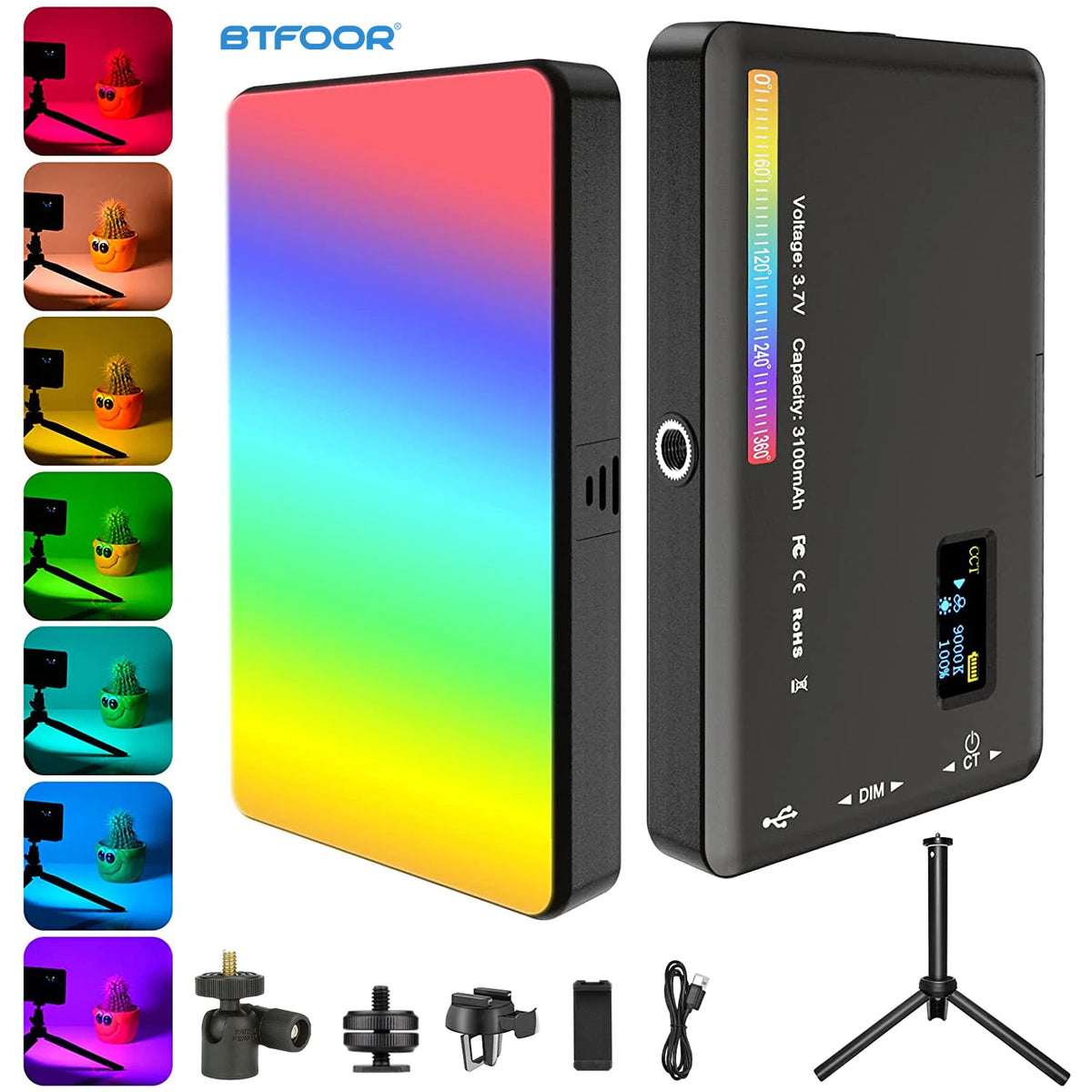 Portable RGB LED video light panel with rechargeable battery and accessories