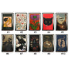 Ten vintage metal cards with various artistic designs arranged in a row.