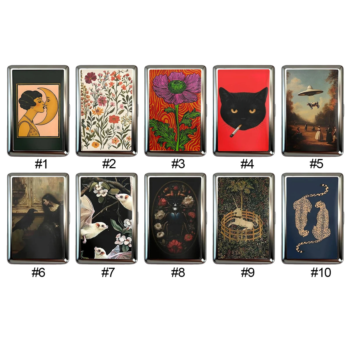 Ten vintage metal cards with various artistic designs arranged in a row.