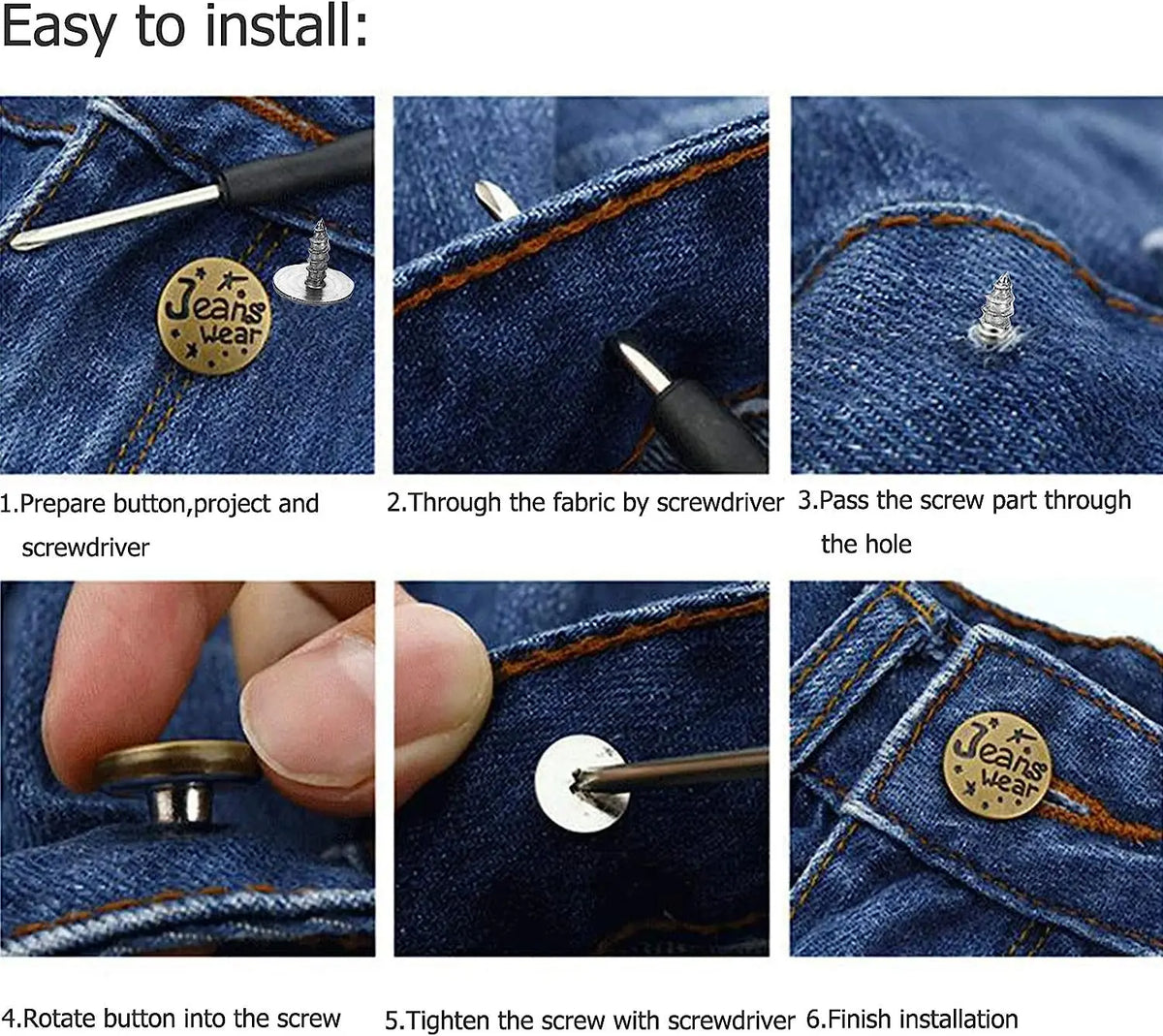 Instructions showing how to install a replacement button through fabric using a screwdriver.