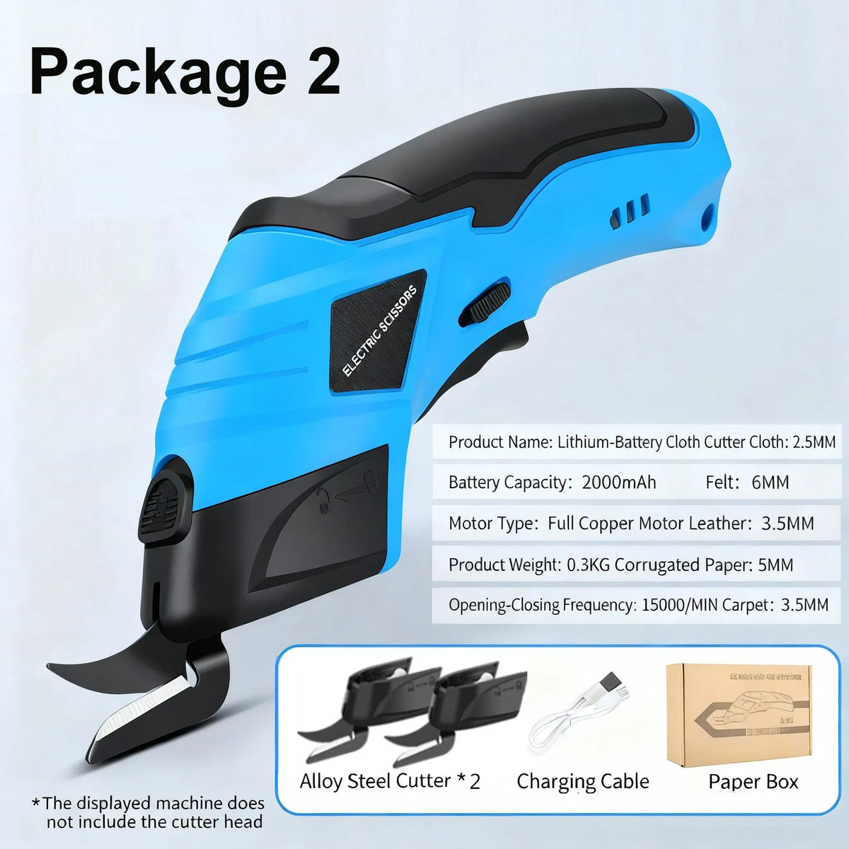 Blue cordless electric cutter tool with a black handle and silver cutter head for fabric and paper.