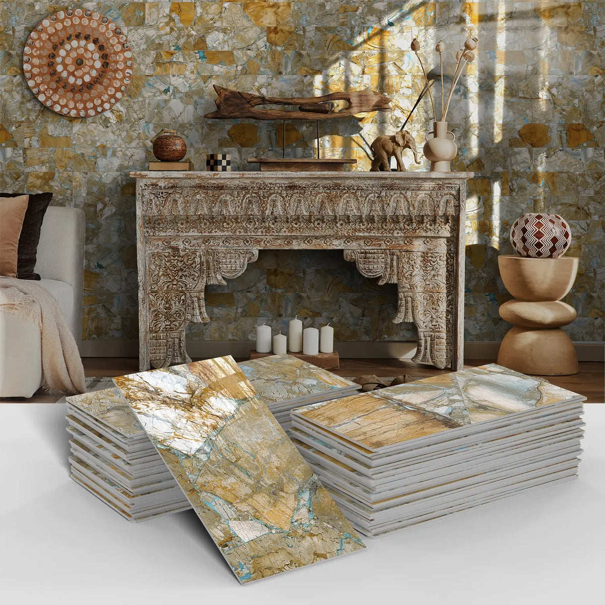 Stacks of marble self-adhesive wall stickers featuring natural stone textures in gold and beige tones.