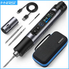 A black cordless soldering iron with a display showing 84.2 degrees and various tips and accessories.