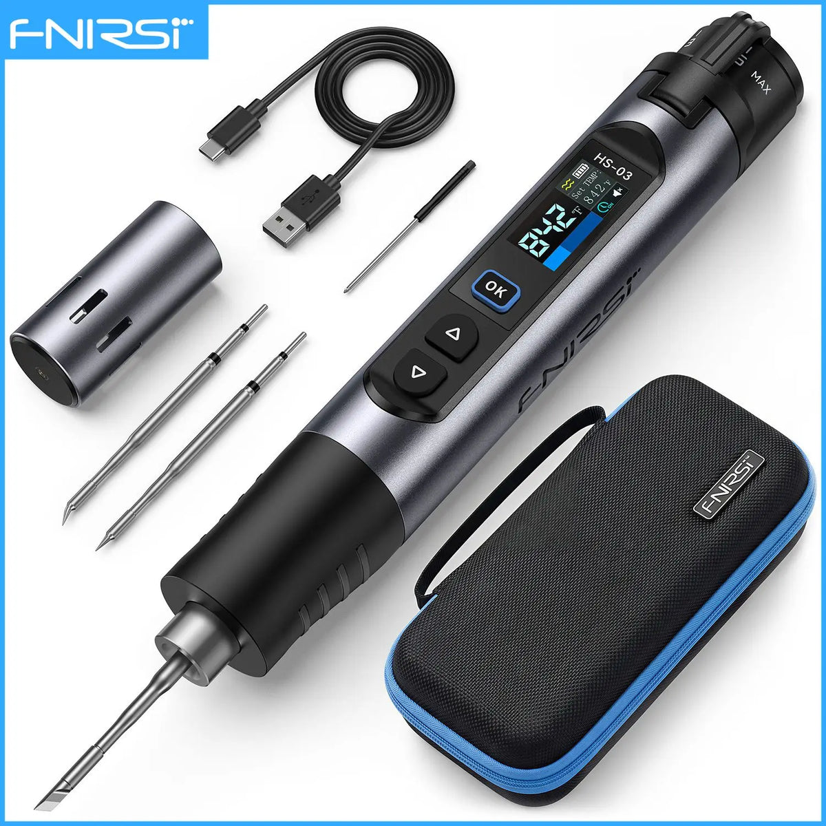 A black cordless soldering iron with a display showing 84.2 degrees and various tips and accessories.