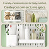 A wall-mounted pegboard organizer showing various accessories like teddy bears, a scarf, and cosmetic bottles.