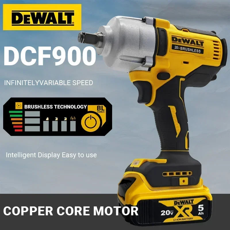 Llave de impacto inalámbrica Dewalt DCF900 sin escobillas en amarillo y negro contra un fondo gris.